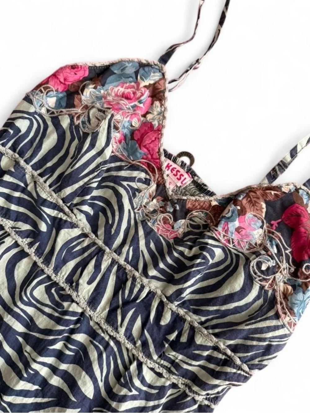Floral Trim Zebra Print Spaghetti Strap Dress - Navy/White